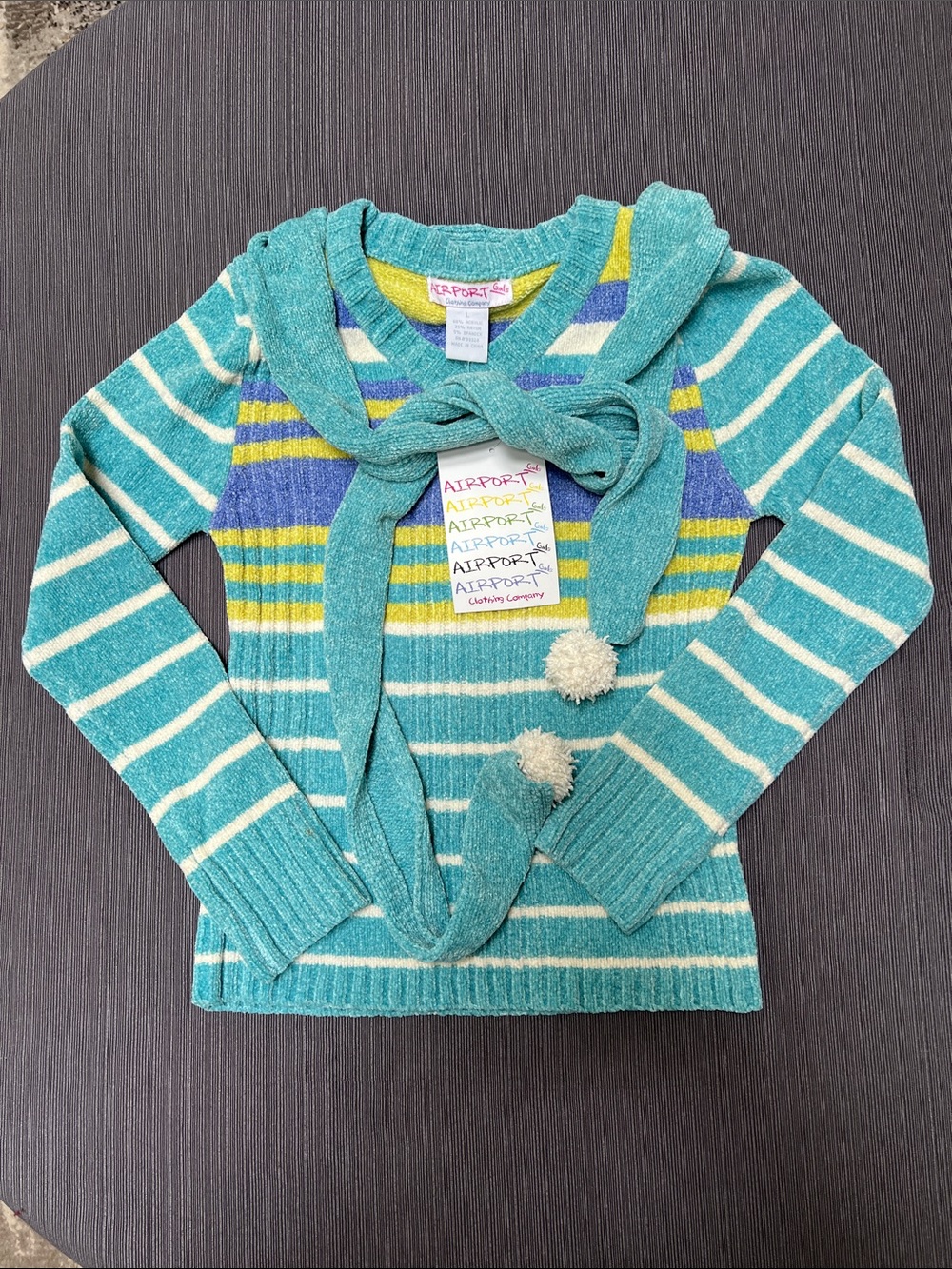 **NWT** Girl’s Teal Striped Knit Sweater with Pom Scarf~SZ L